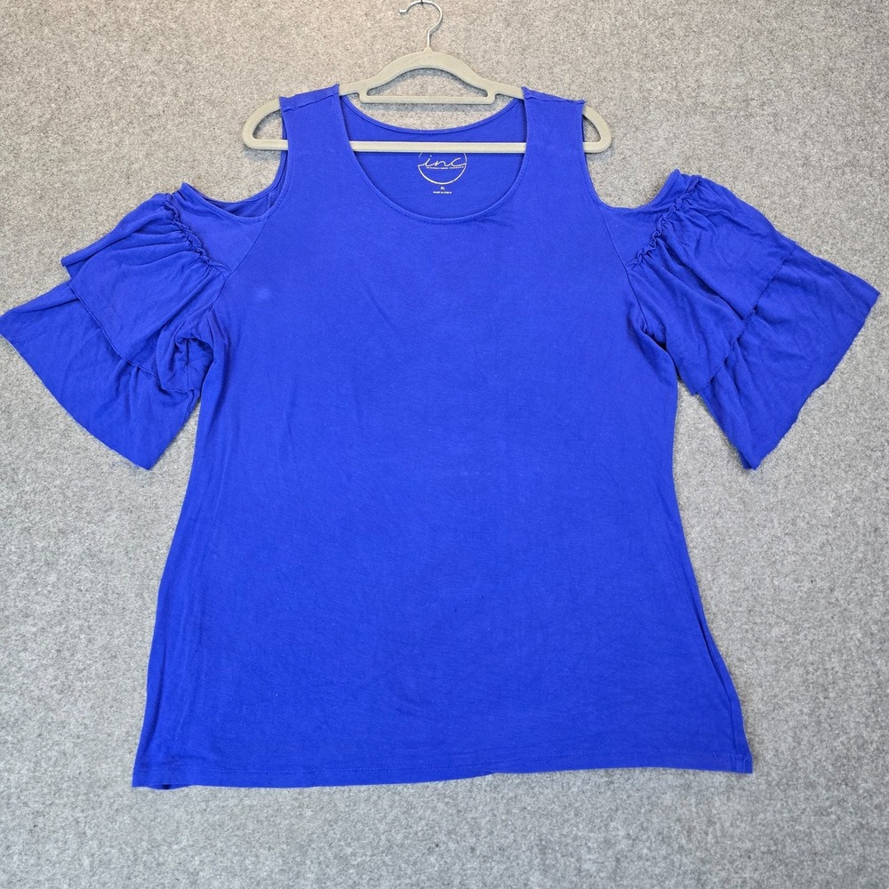INC International Concepts Blouse Top Womens XL Royal Blue Cold-Shoulder Sleeve